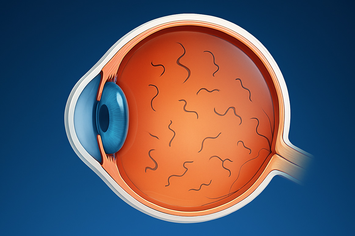 Fliegende Mücken, Illustration Auge im Querschnitt